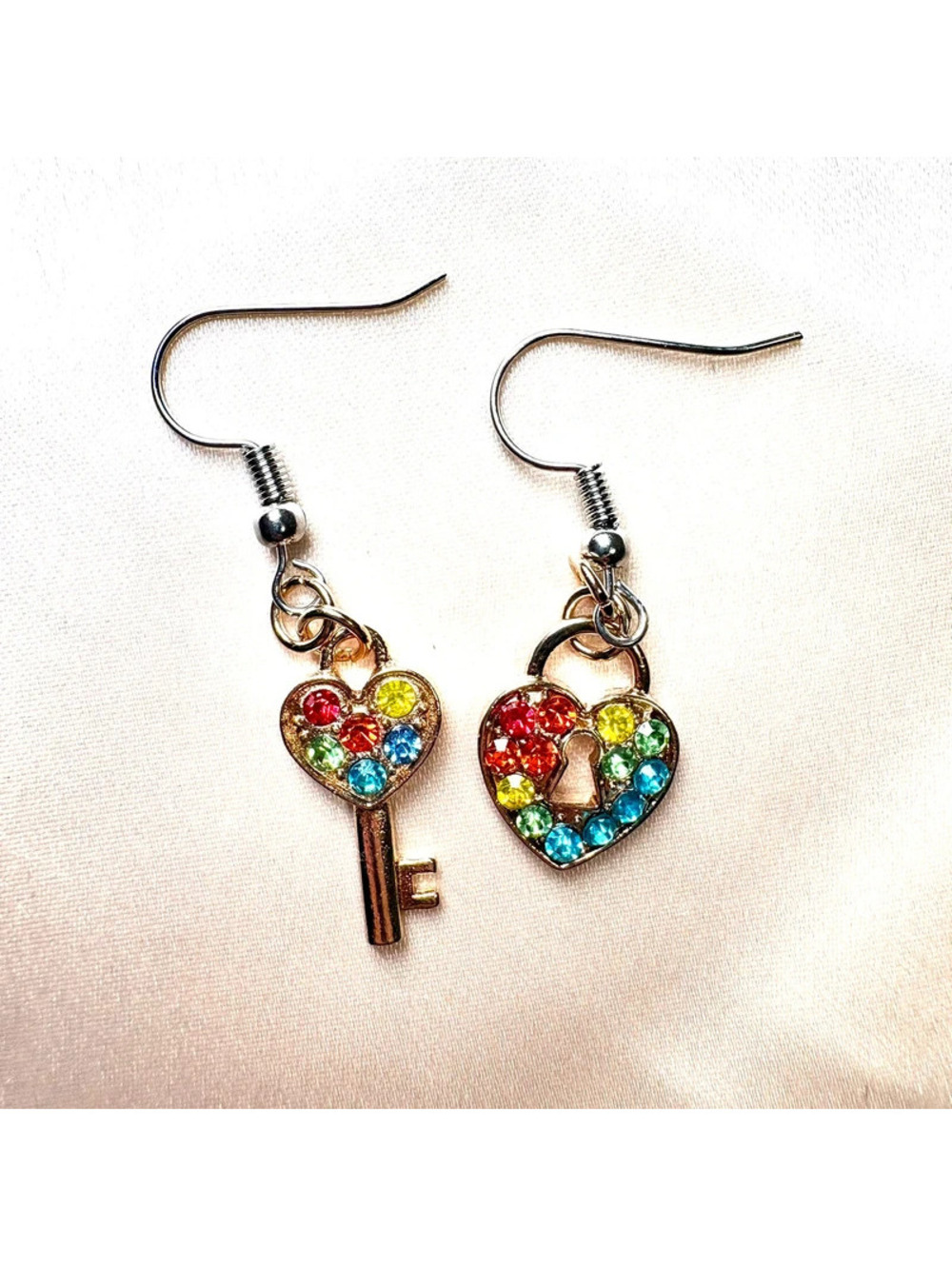 Lock & Key Heart Crystal Earrings, Gold Tone Dangle Jewelry, Gift Idea for Her